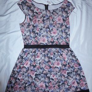 Scuba material floral dress with black trim